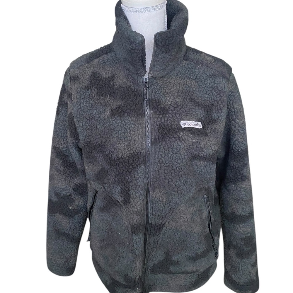 Columbia Sherpa Camo Black Gray Fleece Zip Up Jacket Women’s XS Full Zip Cozy Wa